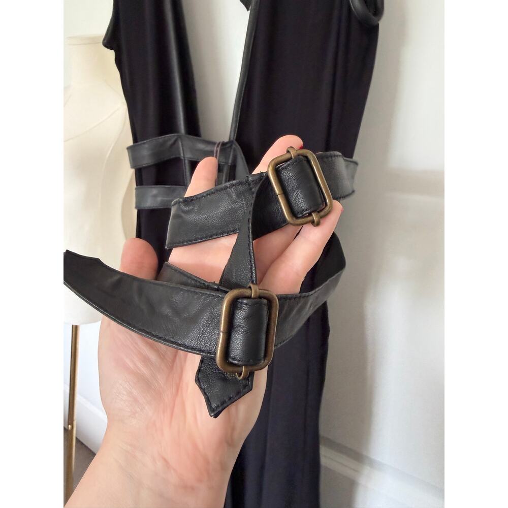 Nicholas K XL NWT Rhine Dress Leather Trim Plunge Georgette Maxi Gown Black - Picture 6 of 12
